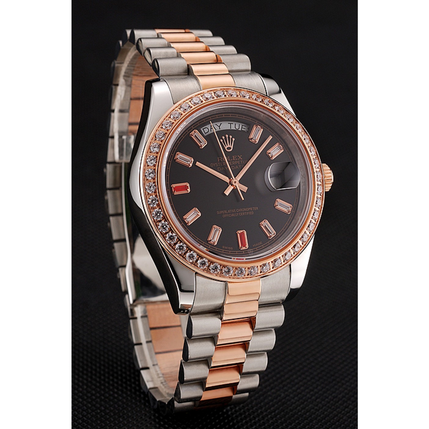 Swiss Rolex Day-Date Diamonds And Rubies Black Dial Rose Gold And Staineless Steel Bracelet 1454106