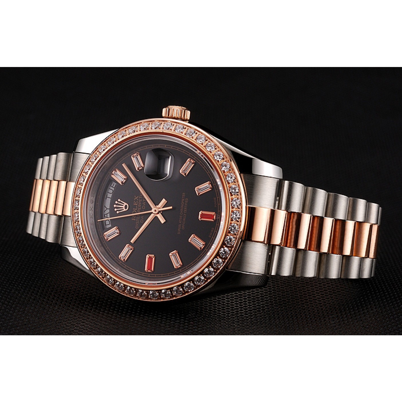 Swiss Rolex Day-Date Diamonds And Rubies Black Dial Rose Gold And Staineless Steel Bracelet 1454106