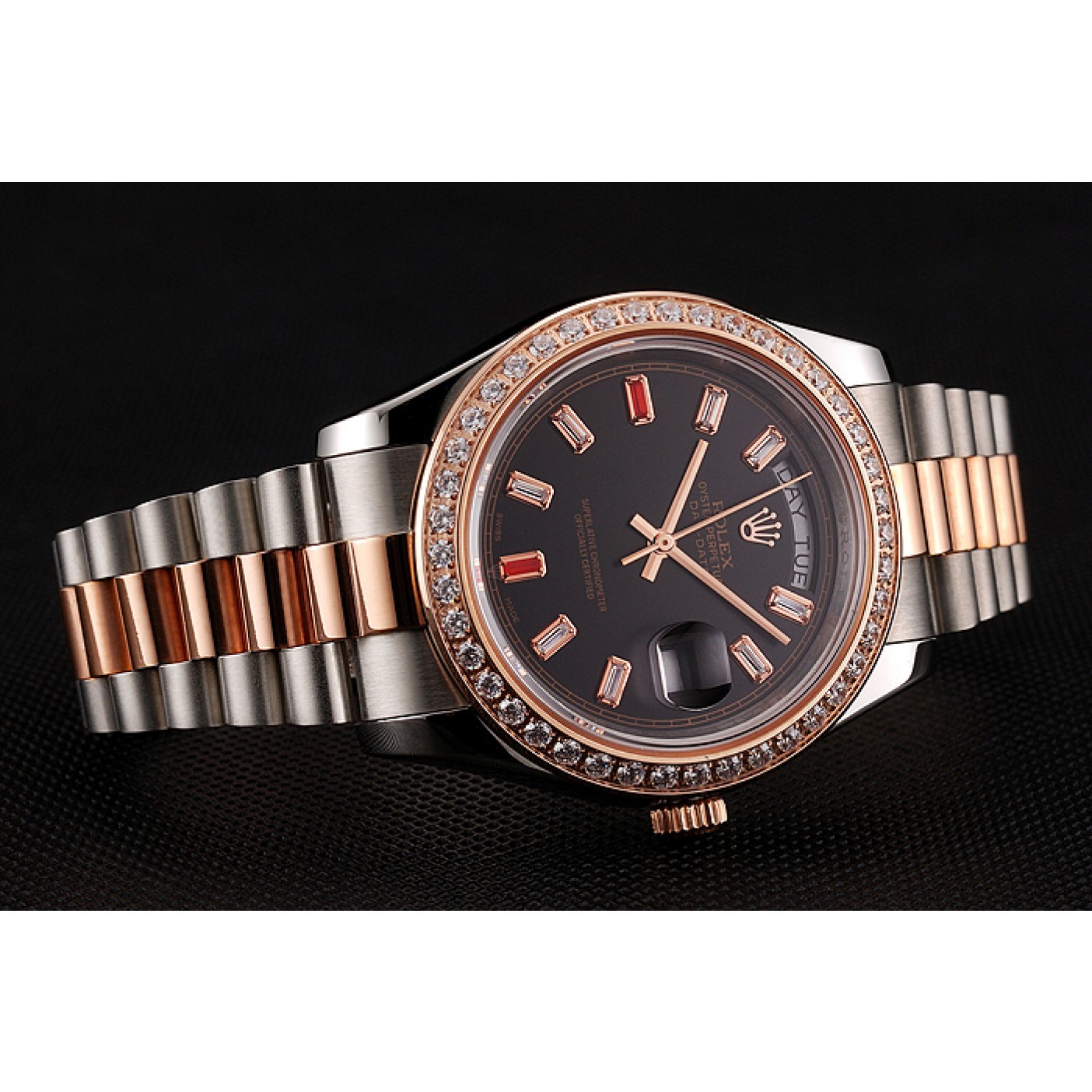 Swiss Rolex Day-Date Diamonds And Rubies Black Dial Rose Gold And Staineless Steel Bracelet 1454106