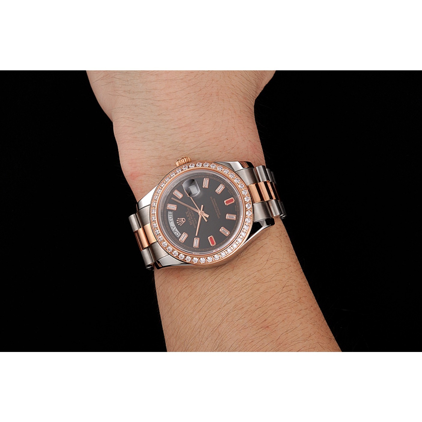 Swiss Rolex Day-Date Diamonds And Rubies Black Dial Rose Gold And Staineless Steel Bracelet 1454106