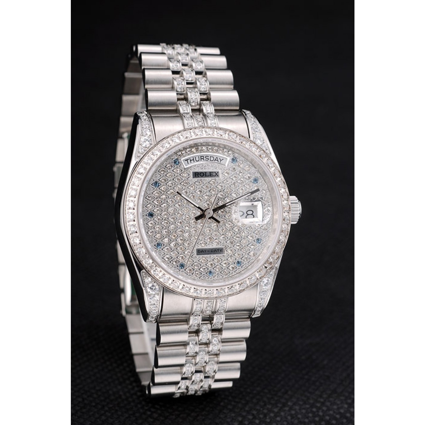 RepTime Watches Rolex DayDate Diamond Plated Stainless Steel Bracelet Diamond Plated Dial 41985