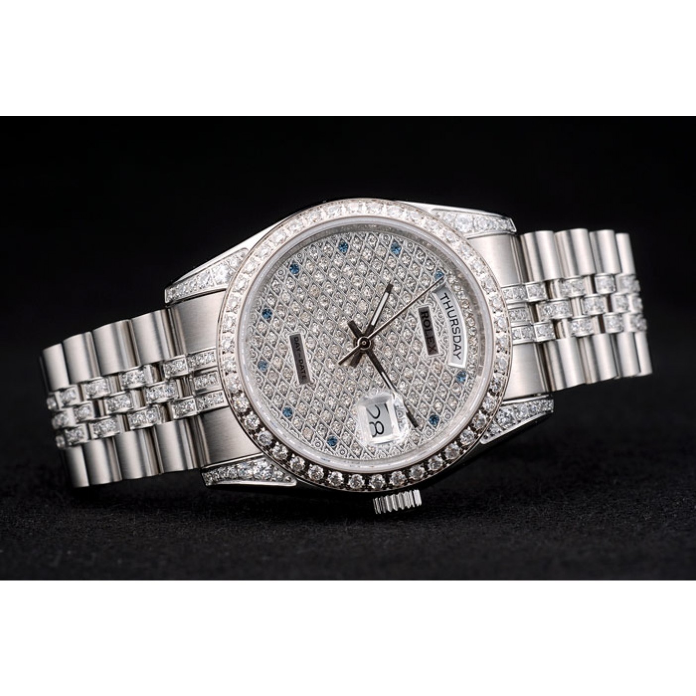 RepTime Watches Rolex DayDate Diamond Plated Stainless Steel Bracelet Diamond Plated Dial 41985