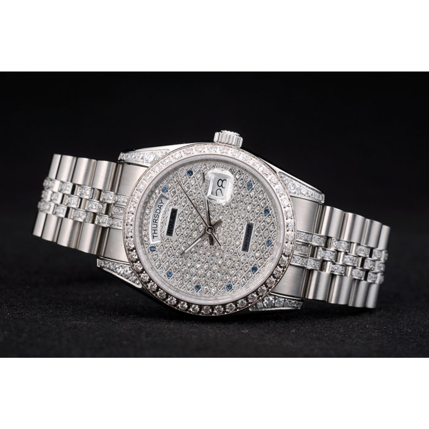 RepTime Watches Rolex DayDate Diamond Plated Stainless Steel Bracelet Diamond Plated Dial 41985