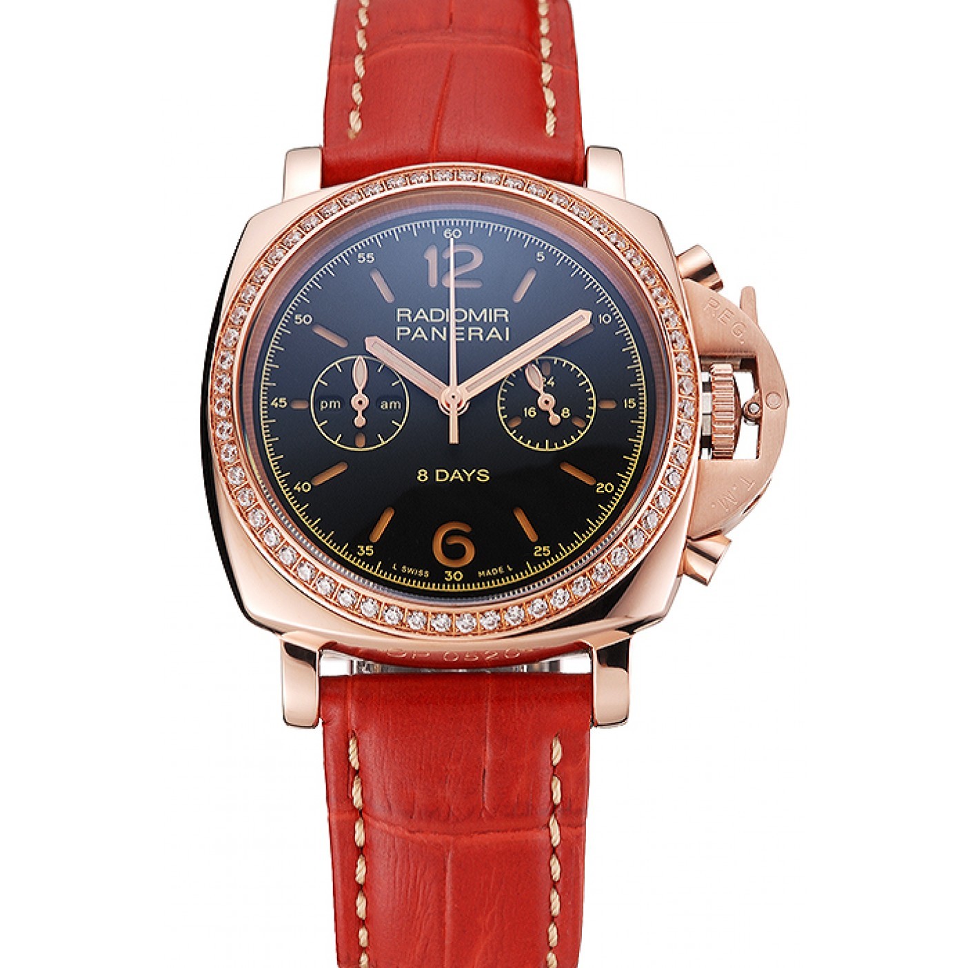 Panerai Radiomir 8 Days Chronograph Black Dial Diamond Bezel Rose Gold Case Red Leather Strap 1453797