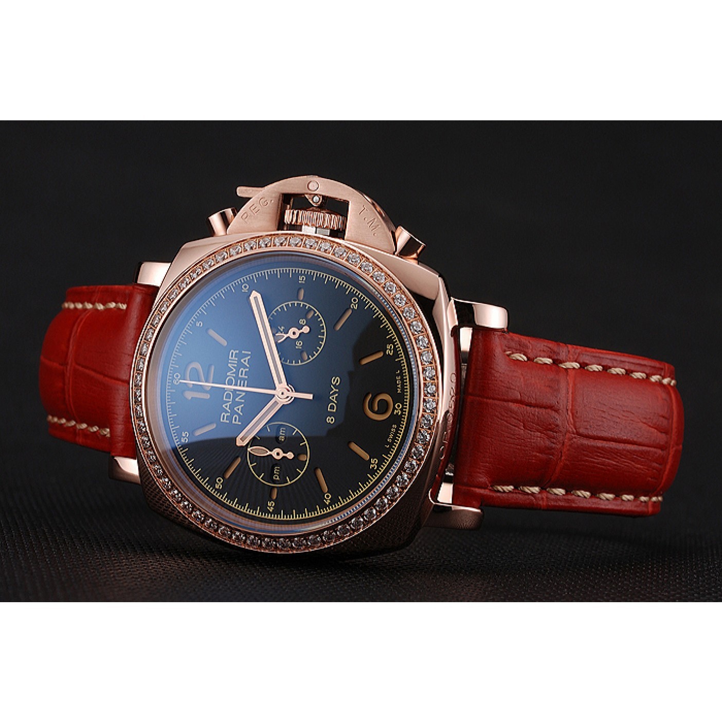 Panerai Radiomir 8 Days Chronograph Black Dial Diamond Bezel Rose Gold Case Red Leather Strap 1453797