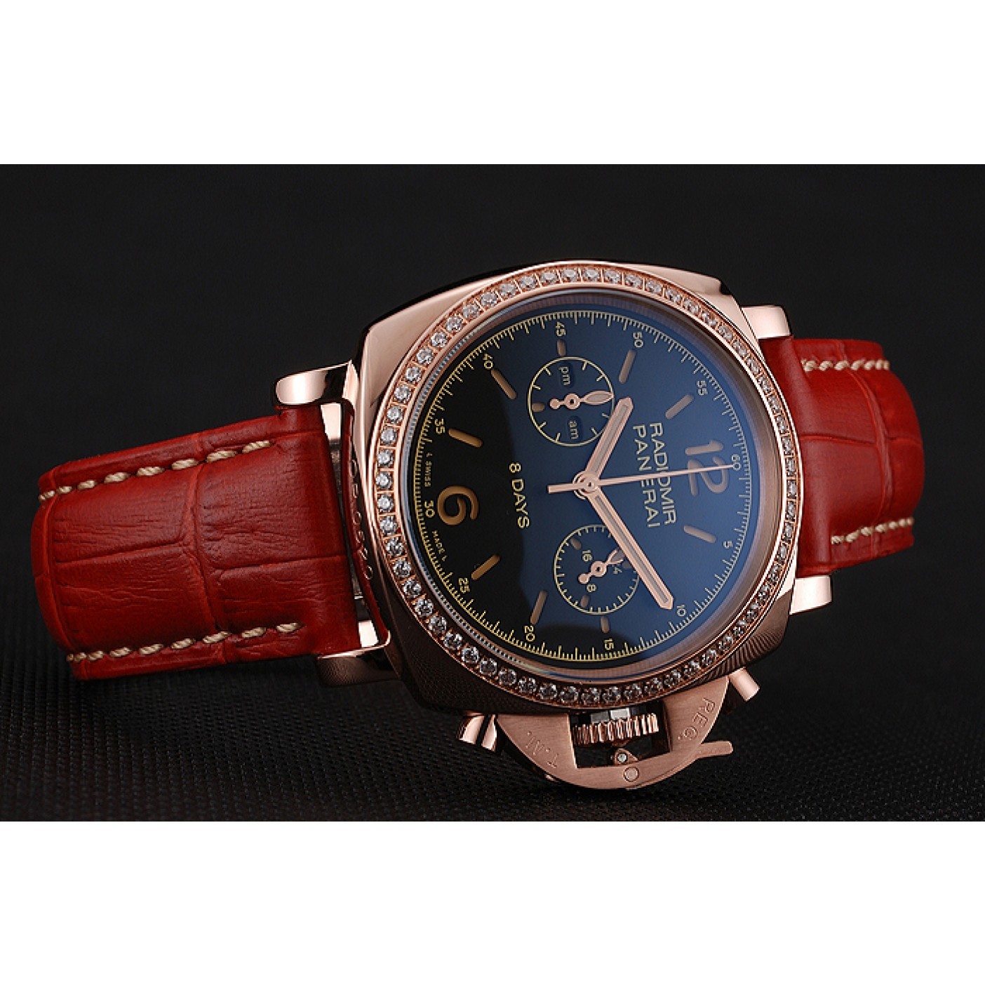 Panerai Radiomir 8 Days Chronograph Black Dial Diamond Bezel Rose Gold Case Red Leather Strap 1453797