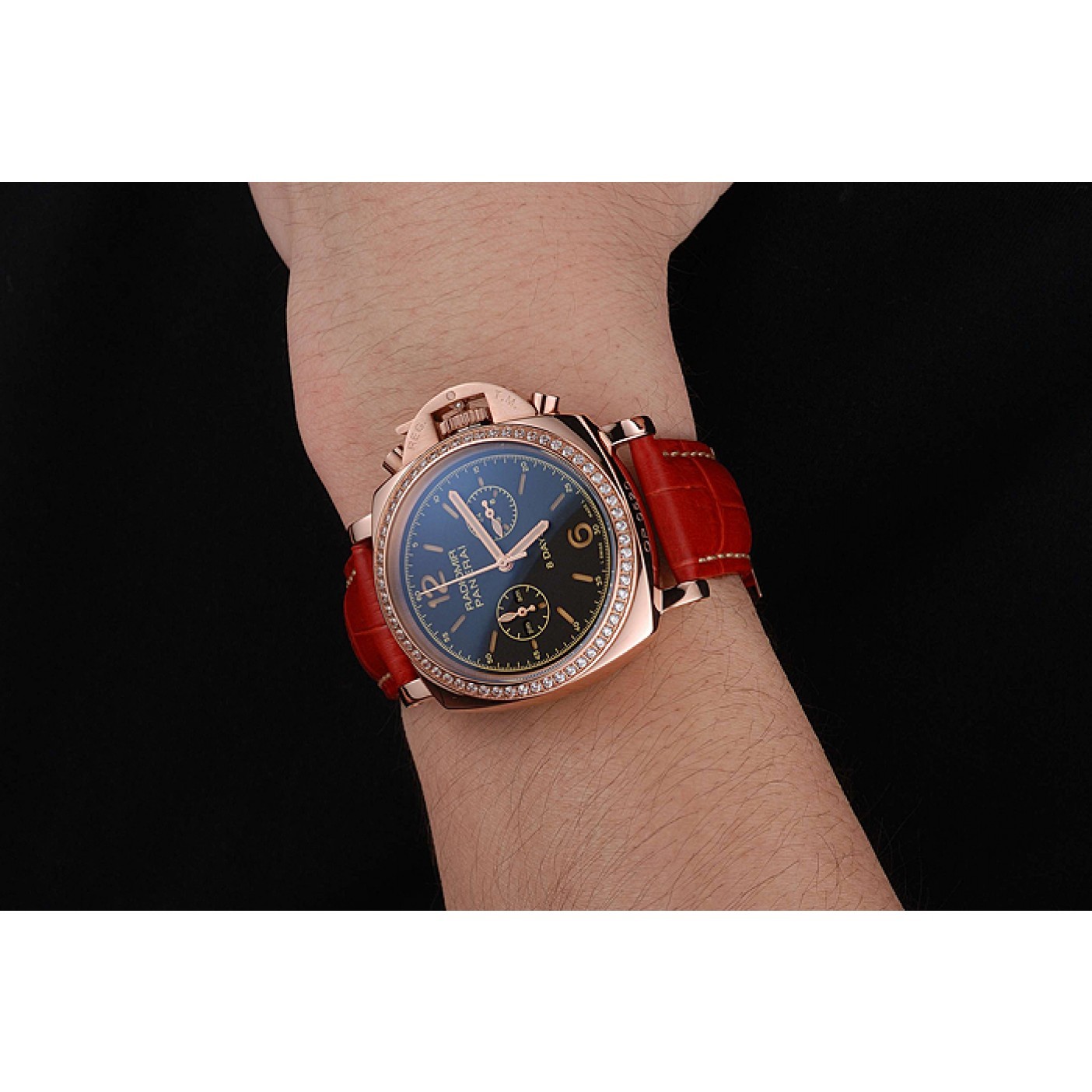 Panerai Radiomir 8 Days Chronograph Black Dial Diamond Bezel Rose Gold Case Red Leather Strap 1453797