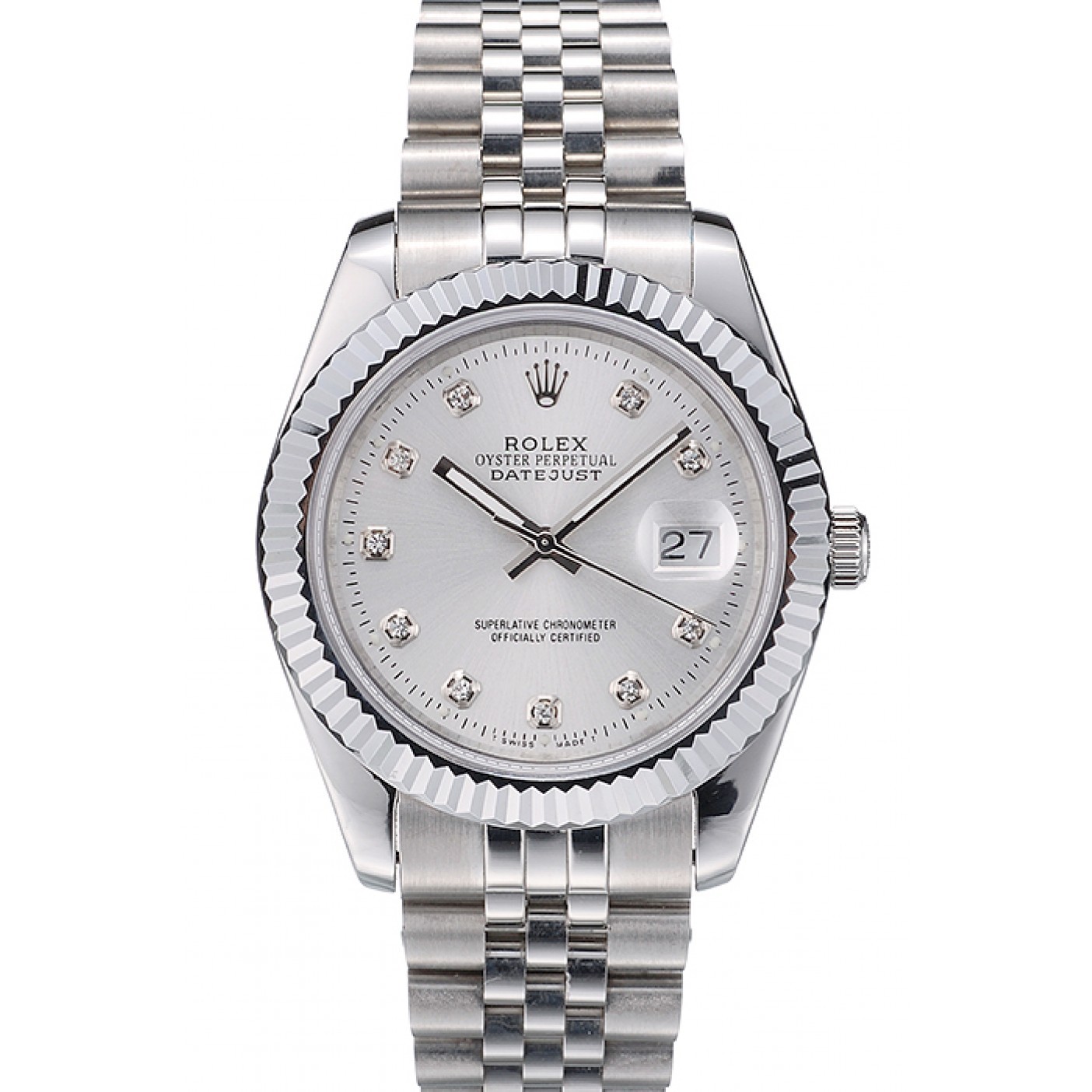 RepTime Watches Rolex Swiss DateJust Stainless Steel Ribbed Bezel Silver Dial 41996