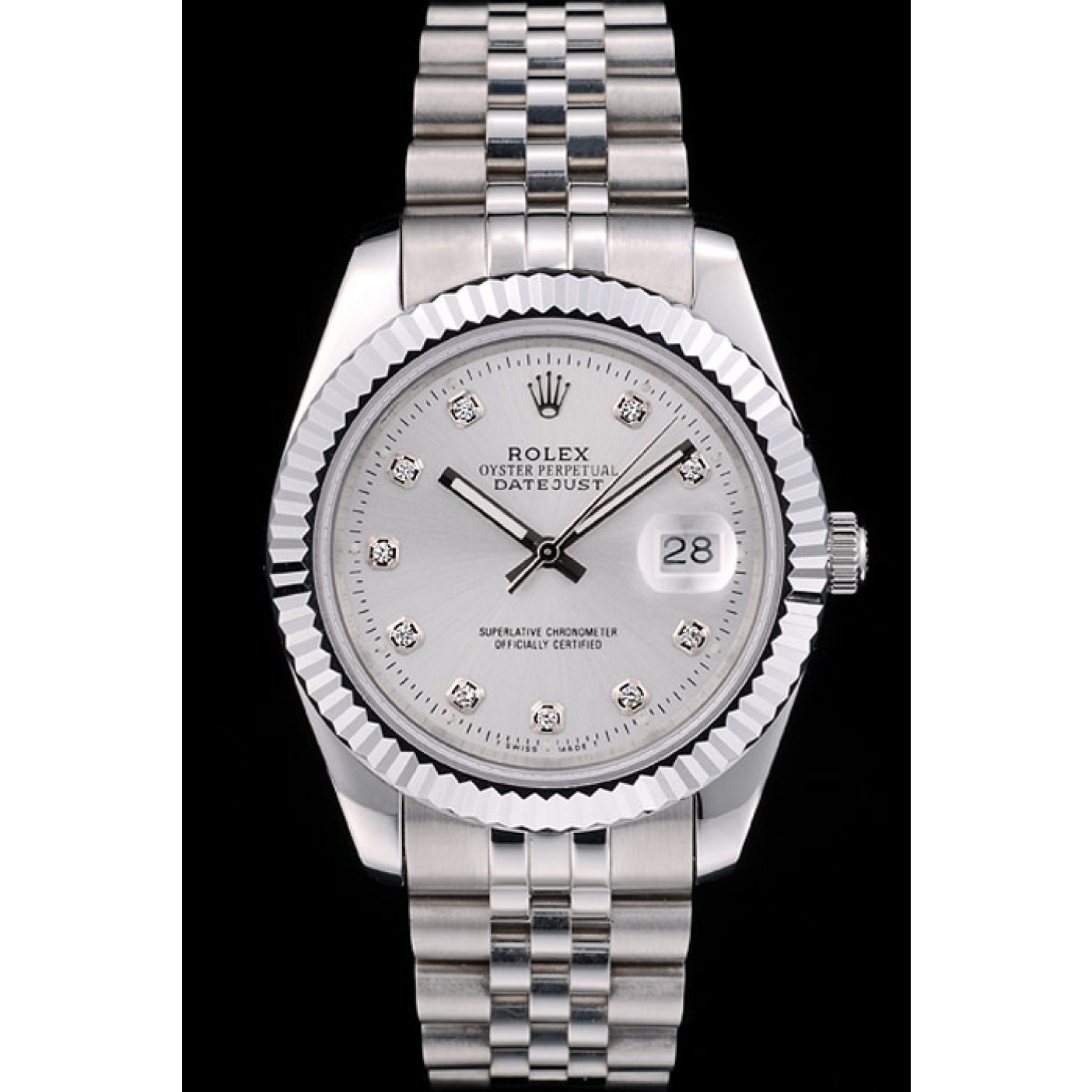 Rolex Swiss DateJust Stainless Steel Ribbed Bezel Silver Dial 41996