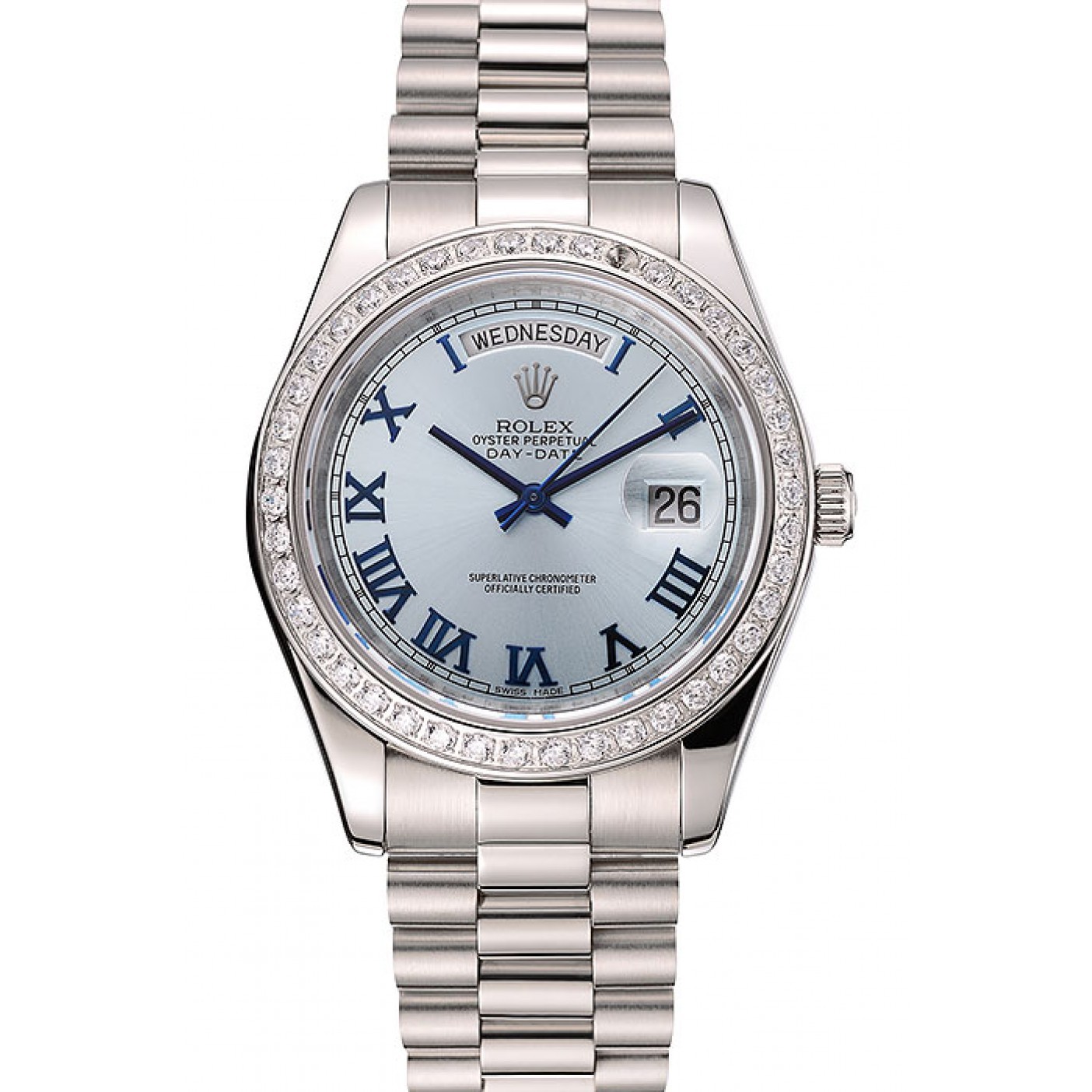 Swiss Rolex Day-Date Ice Blue Dial Diamond Case Stainless Steel Bracelet 1453962