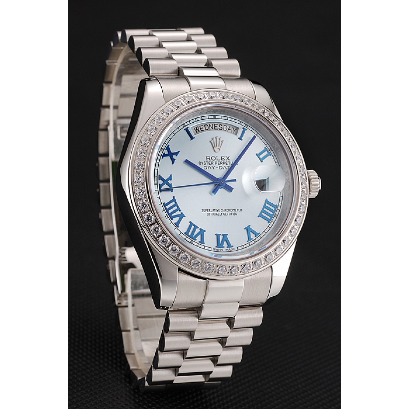 RepTime Watches Swiss Rolex Day-Date Ice Blue Dial Diamond Case Stainless Steel Bracelet 1453962