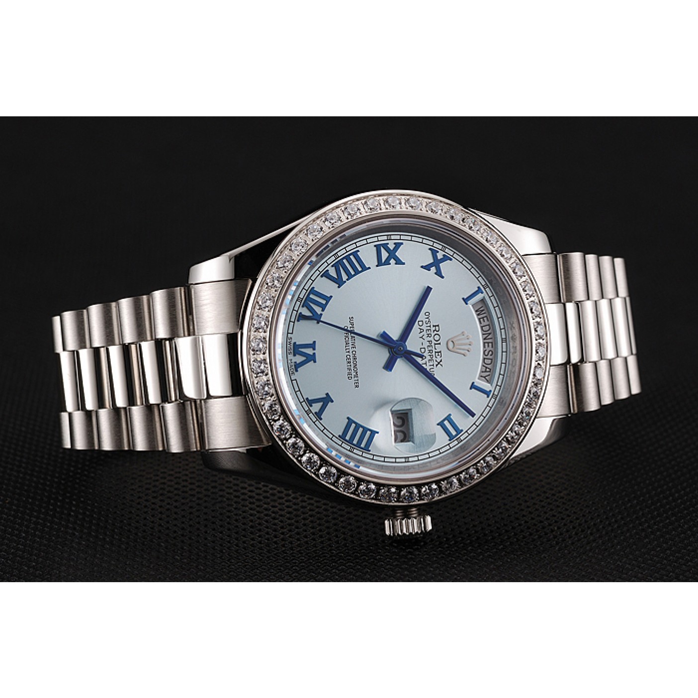 RepTime Watches Swiss Rolex Day-Date Ice Blue Dial Diamond Case Stainless Steel Bracelet 1453962