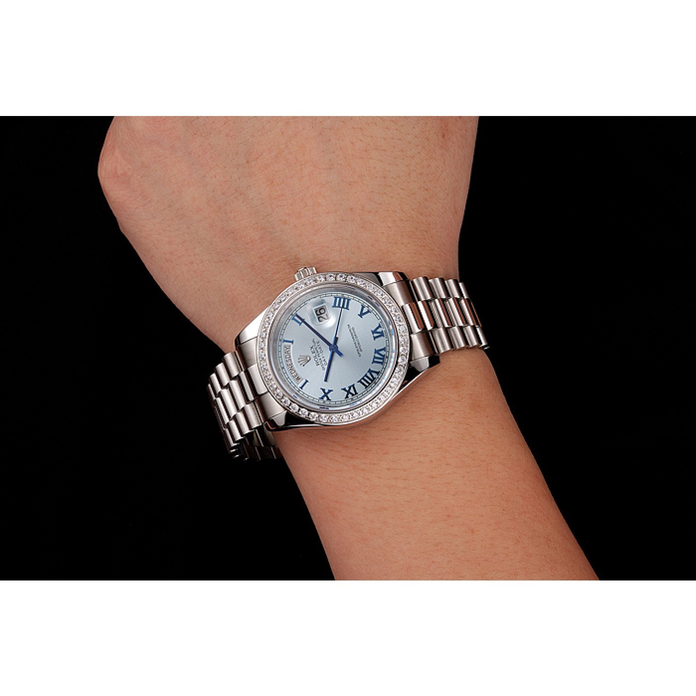 Swiss Rolex Day-Date Ice Blue Dial Diamond Case Stainless Steel Bracelet 1453962