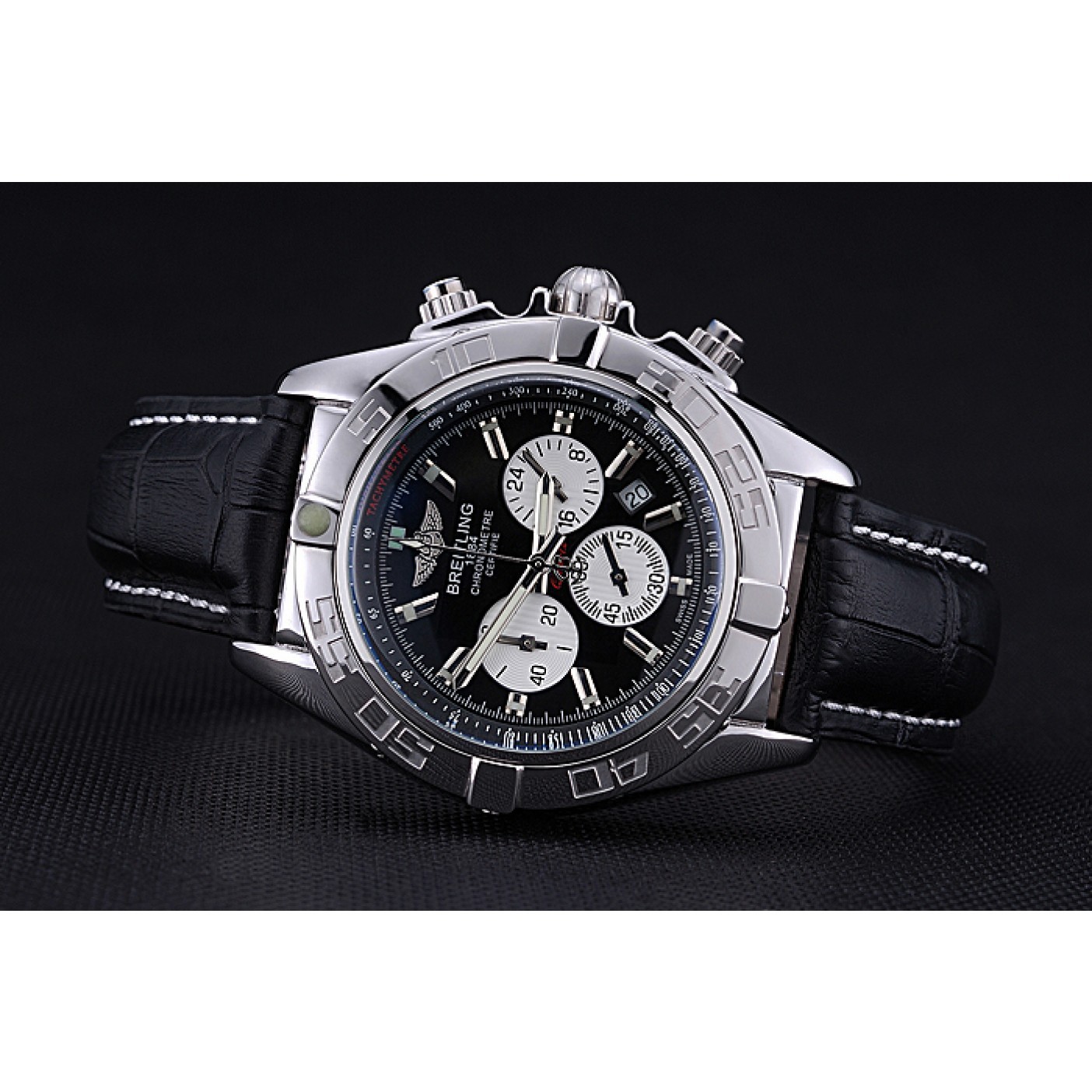 Breitling Chronomat 44 Black Dial with White Subdials Black Leather Bracelet 622511