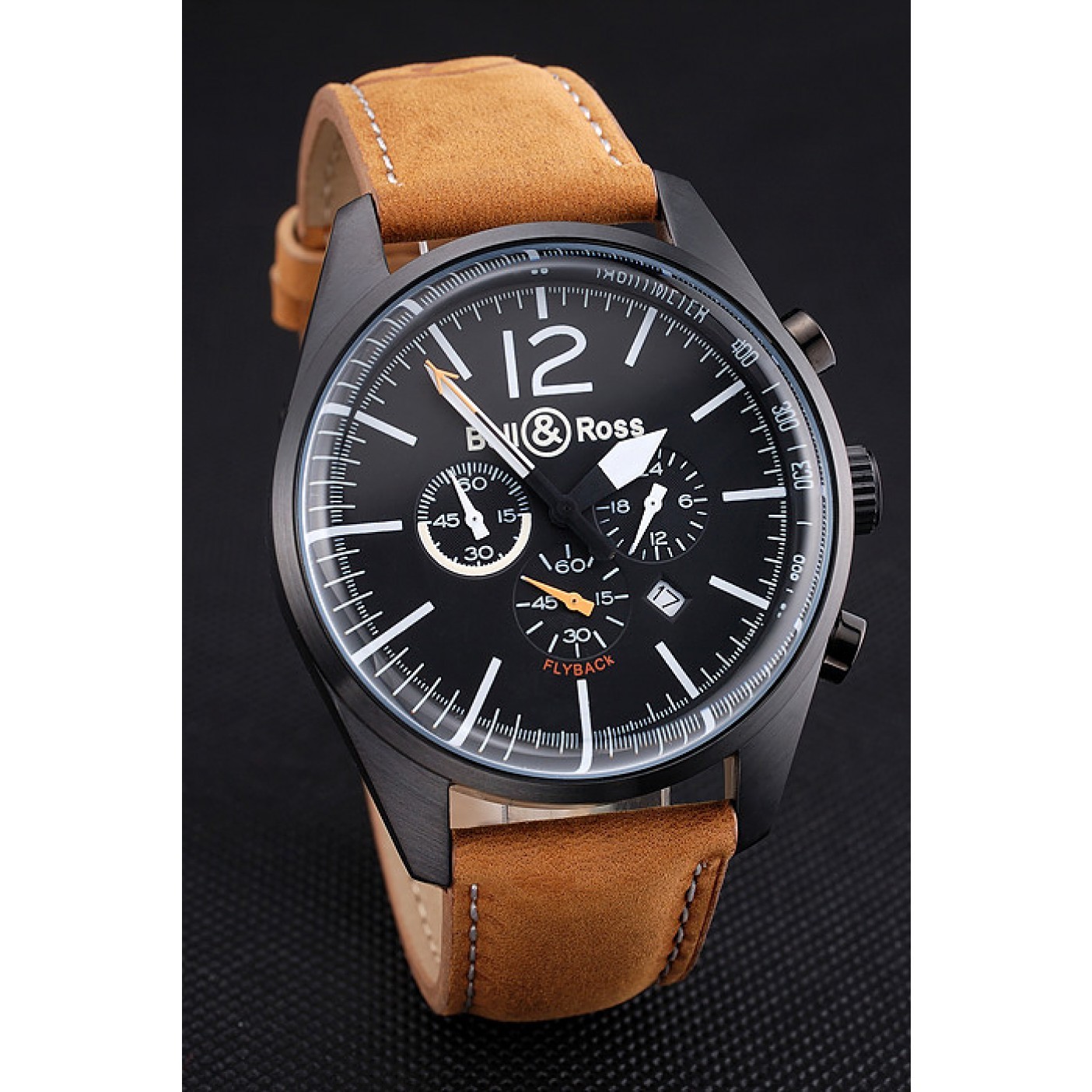 Bell and Ross BR126 Flyback Black Dial Black Case Brown Suede Leather Strap