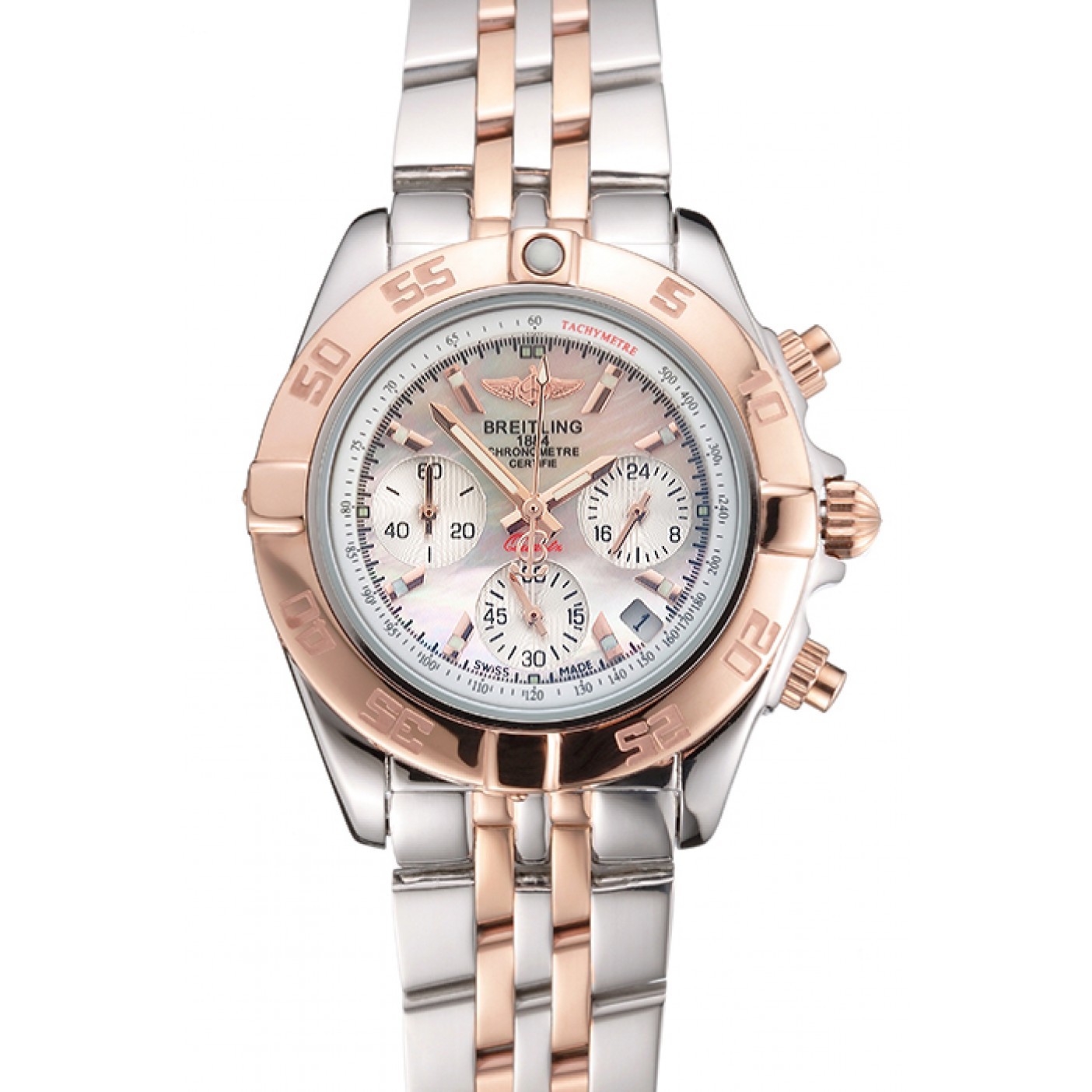 Breitling Chronomat Quartz Pearl Dial Rose Gold Bezel Stainless Steel Case Two Tone Bracelet