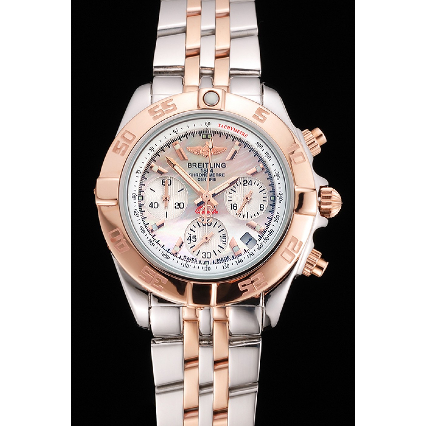 Breitling Chronomat Quartz Pearl Dial Rose Gold Bezel Stainless Steel Case Two Tone Bracelet