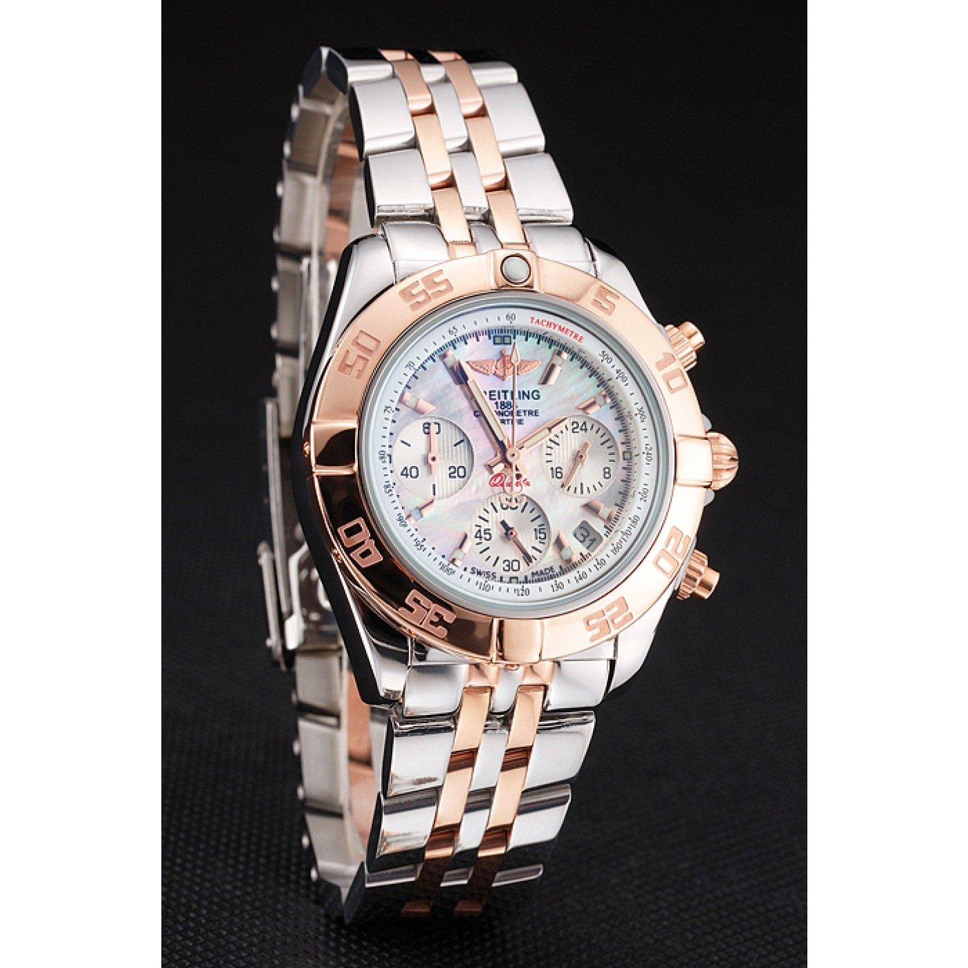 Breitling Chronomat Quartz Pearl Dial Rose Gold Bezel Stainless Steel Case Two Tone Bracelet