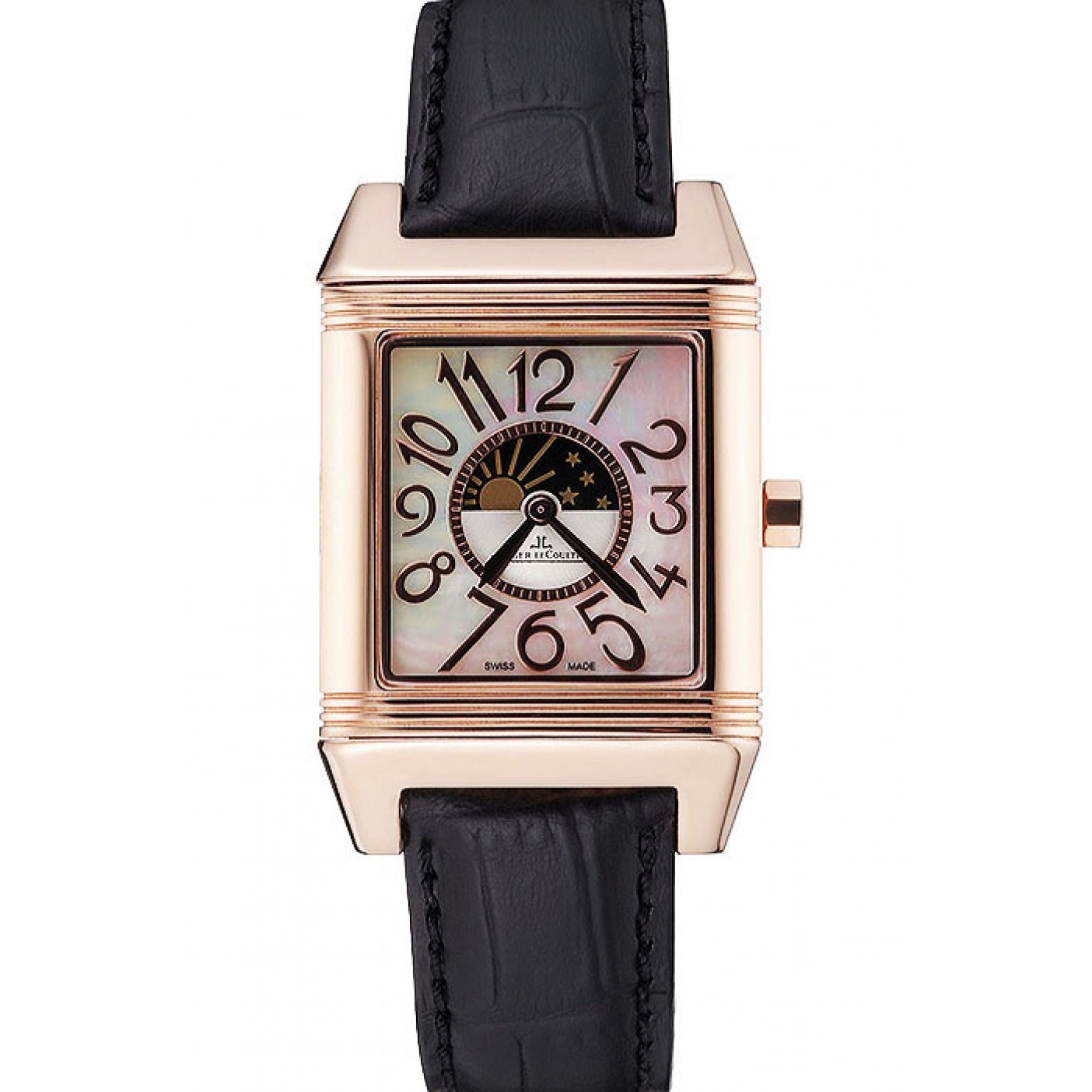 Jaeger le Coultre Reverso Squadro Lady Black Leather Strap Pearl Dial 41966