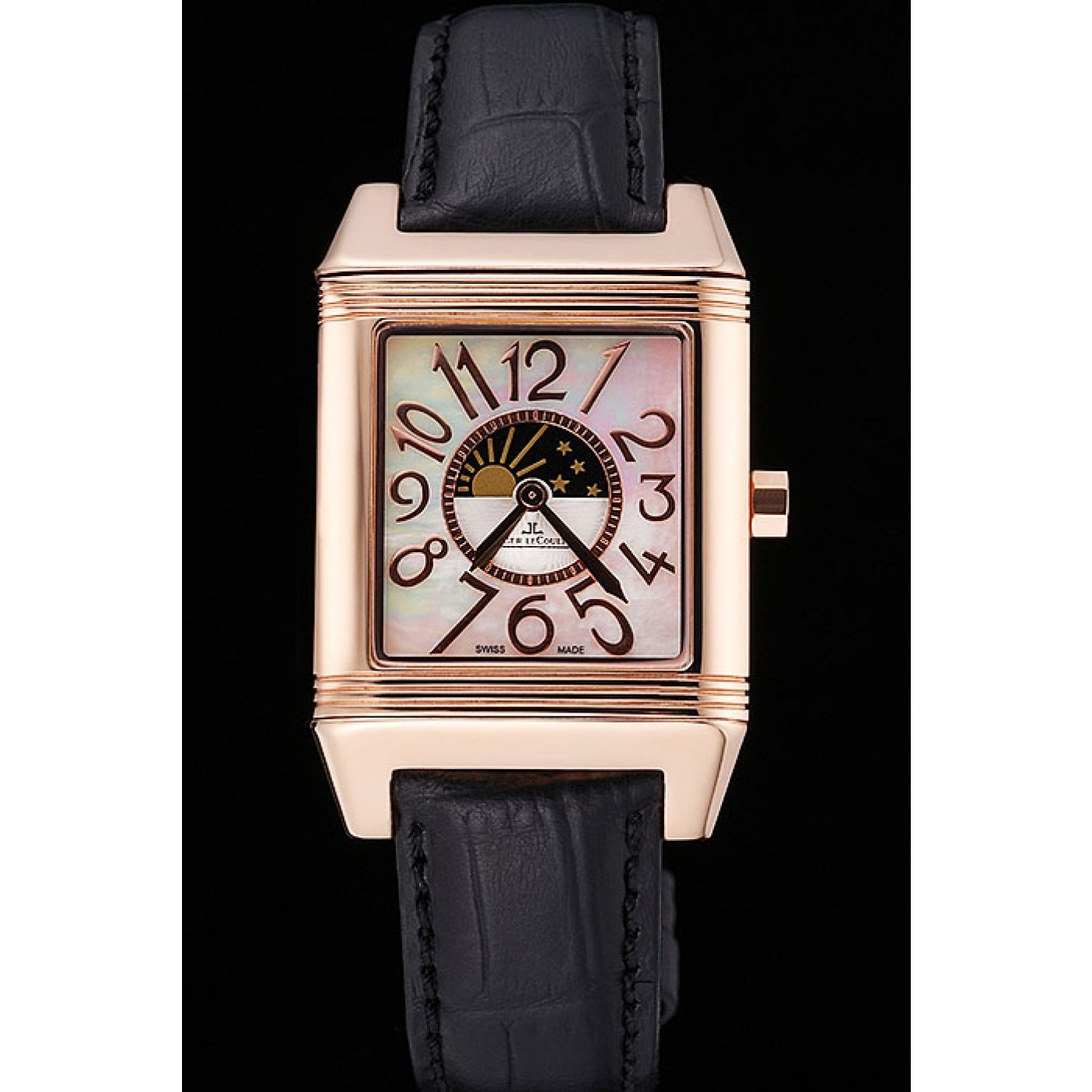 Jaeger le Coultre Reverso Squadro Lady Black Leather Strap Pearl Dial 41966