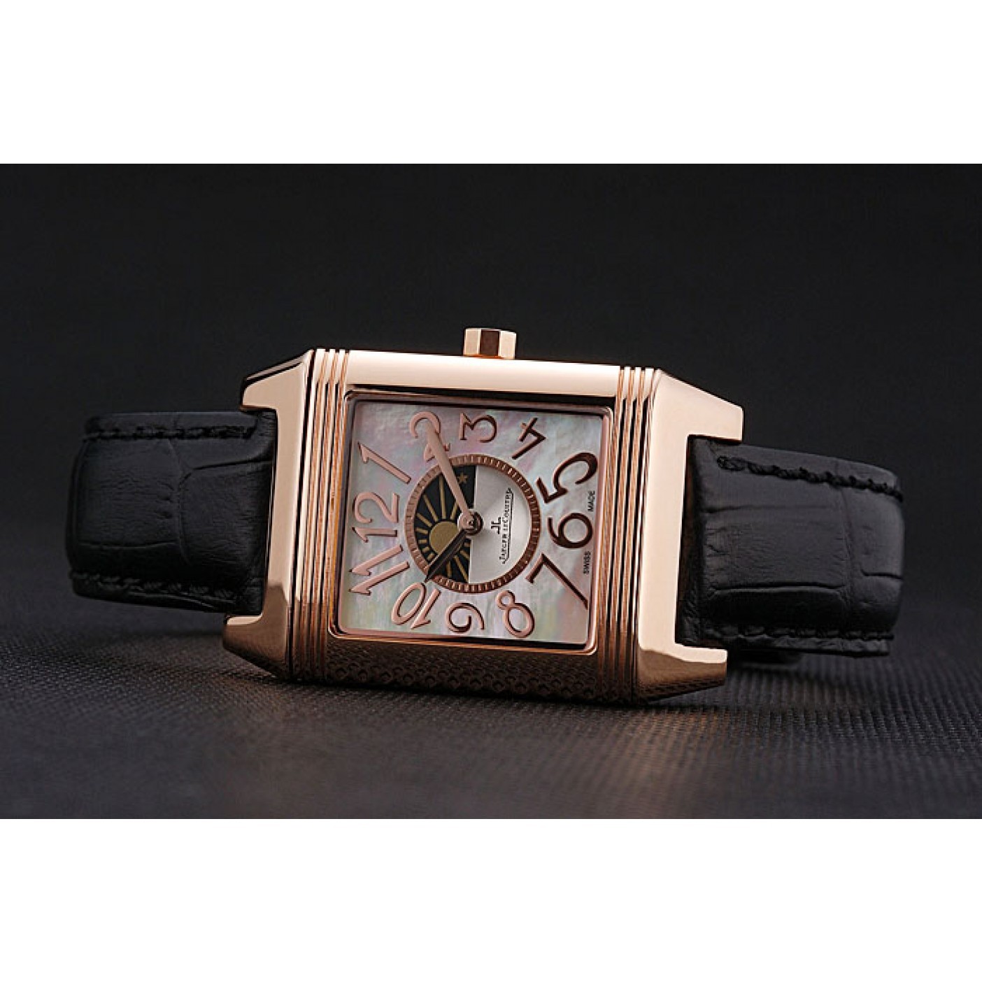 Jaeger le Coultre Reverso Squadro Lady Black Leather Strap Pearl Dial 41966