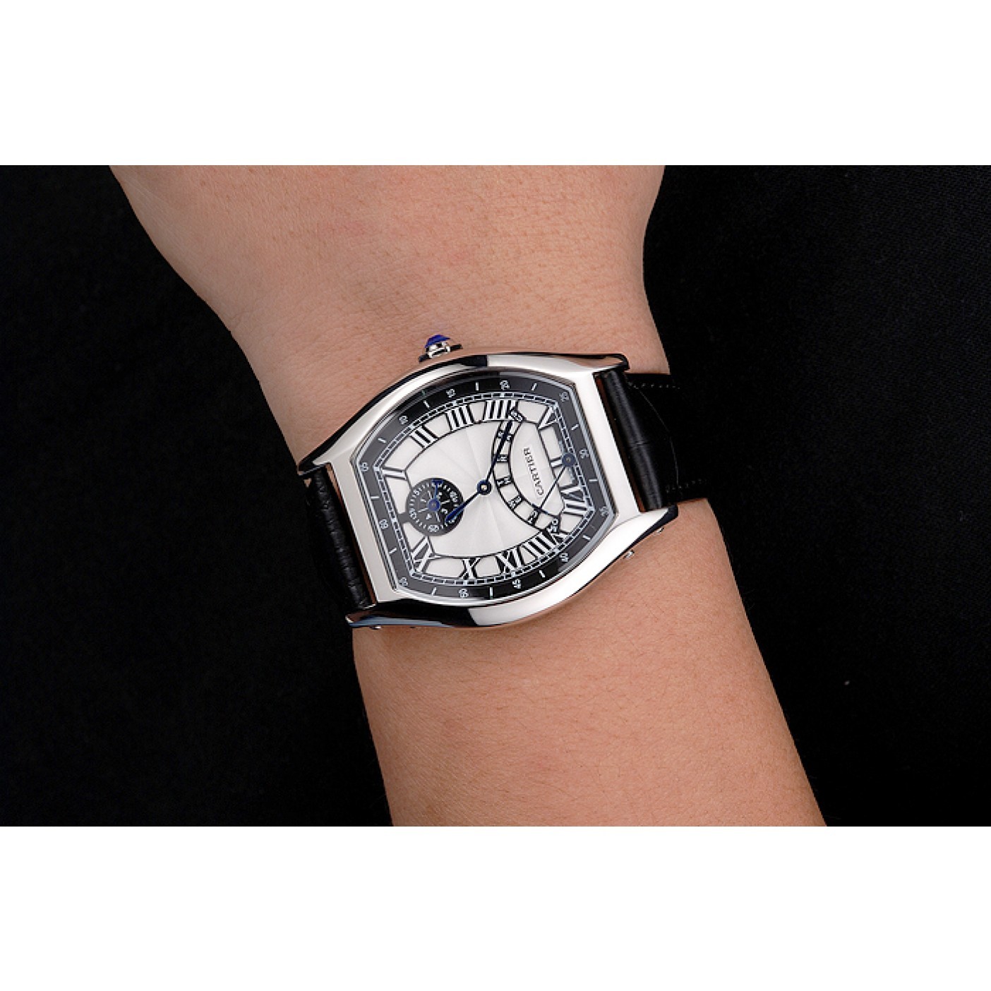 Cartier Tortue Perpetual Calendar White Dial Stainless Steel Case Black Leather Strap