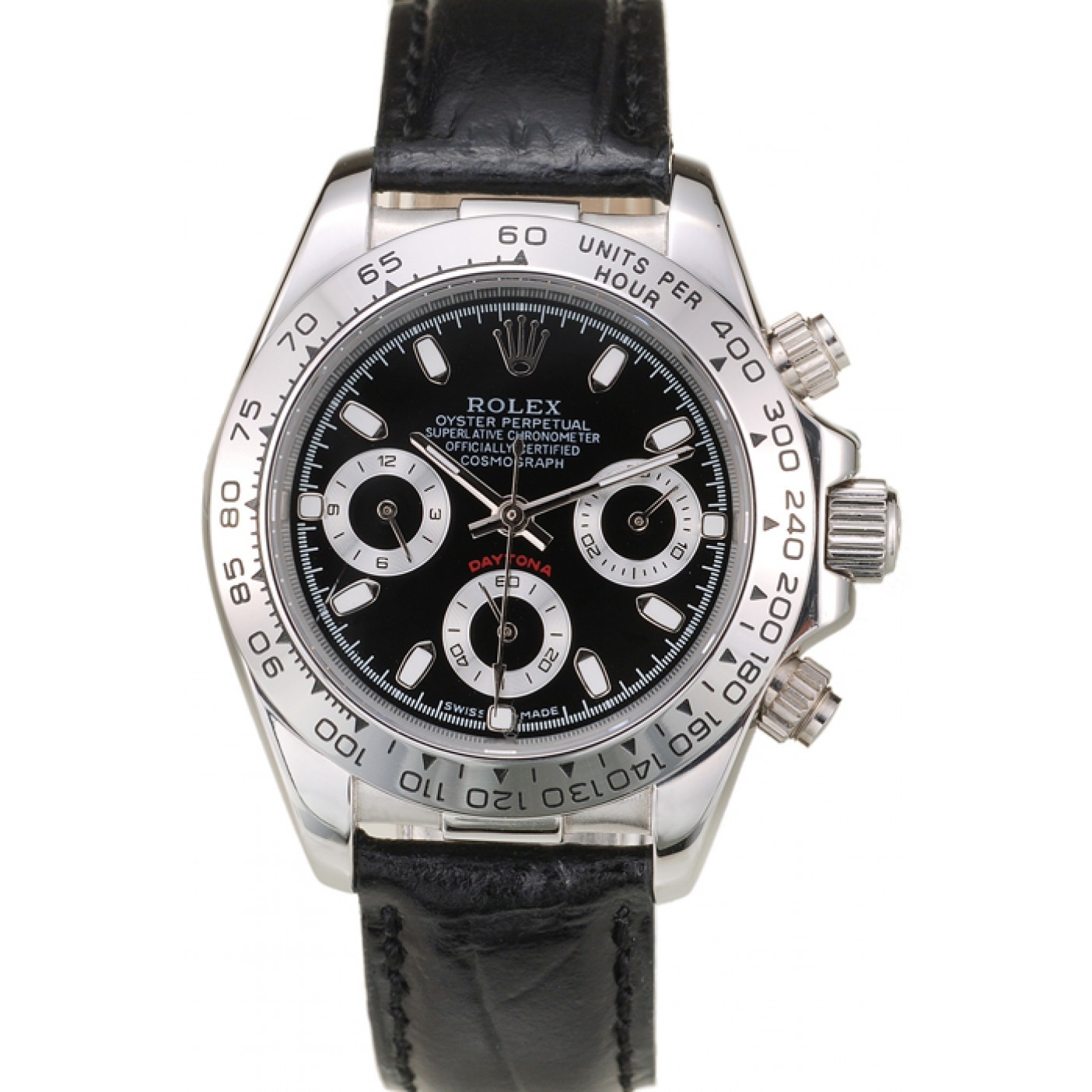 RepTime Watches Rolex Daytona Lady Stainless Steel Case Black Dial Black Leather Strap Tachymeter