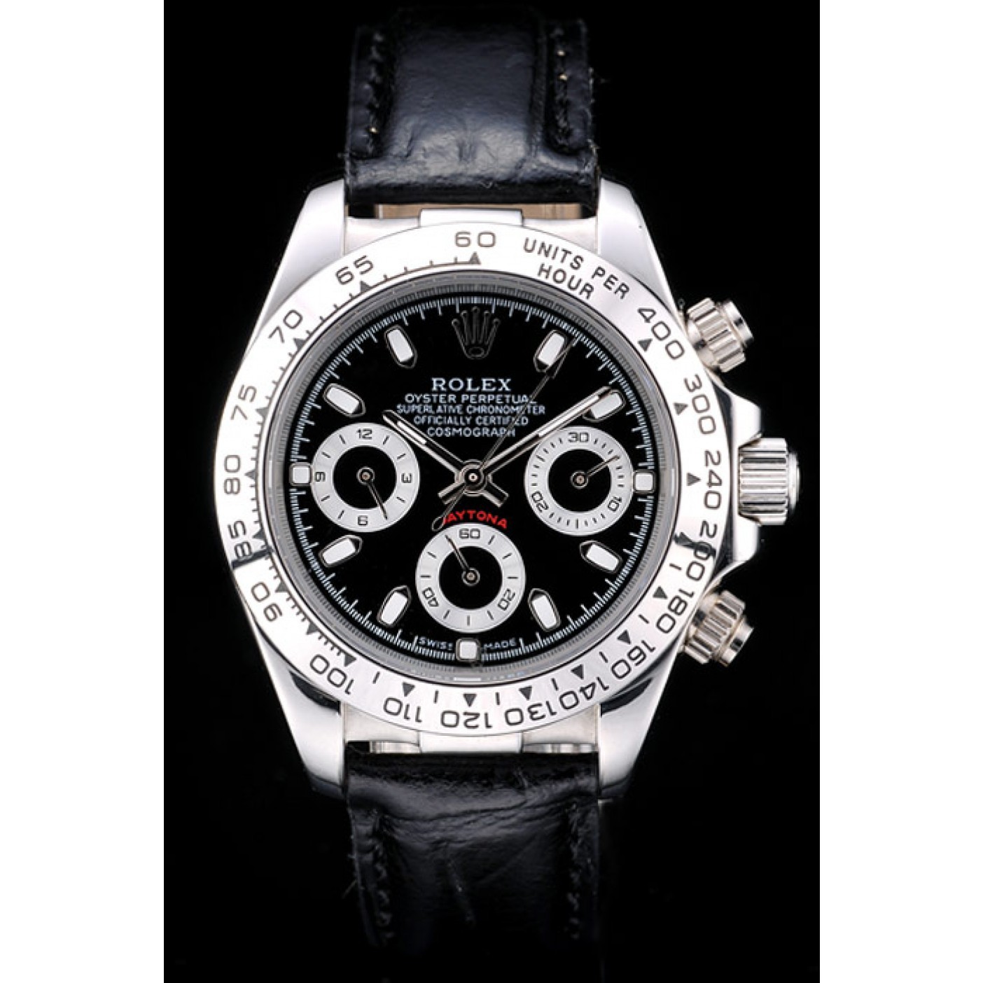 RepTime Watches Rolex Daytona Lady Stainless Steel Case Black Dial Black Leather Strap Tachymeter