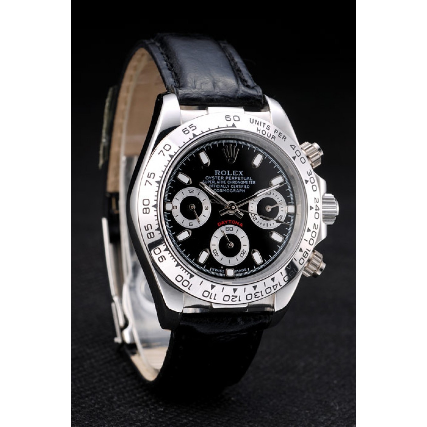 RepTime Watches Rolex Daytona Lady Stainless Steel Case Black Dial Black Leather Strap Tachymeter