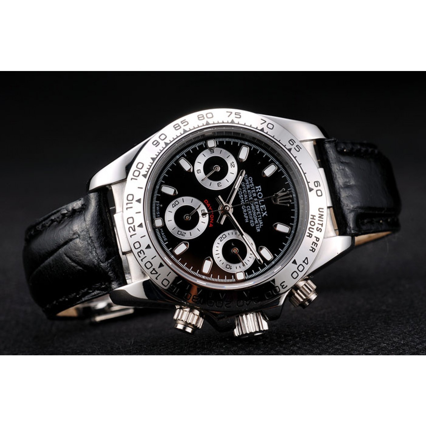 RepTime Watches Rolex Daytona Lady Stainless Steel Case Black Dial Black Leather Strap Tachymeter