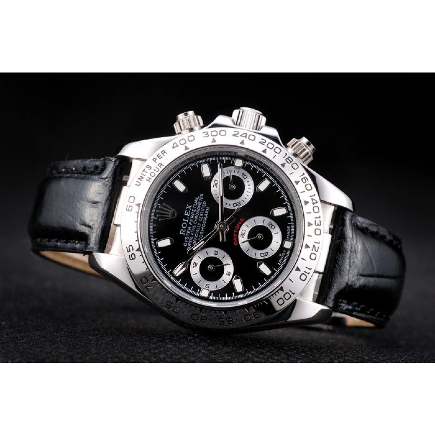 RepTime Watches Rolex Daytona Lady Stainless Steel Case Black Dial Black Leather Strap Tachymeter