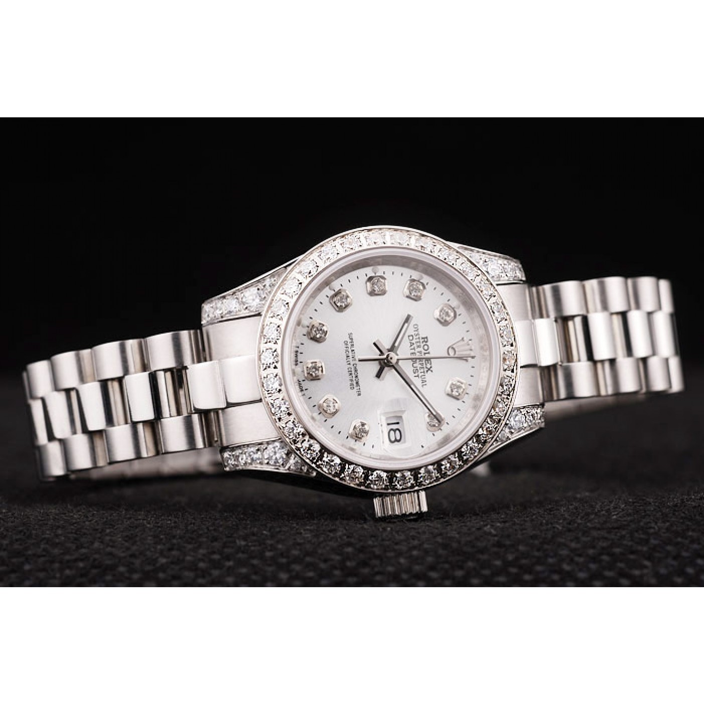 Rolex DateJust Brushed Stainless Steel Diamond Plated Case White Dial Diamond Plated Bezel