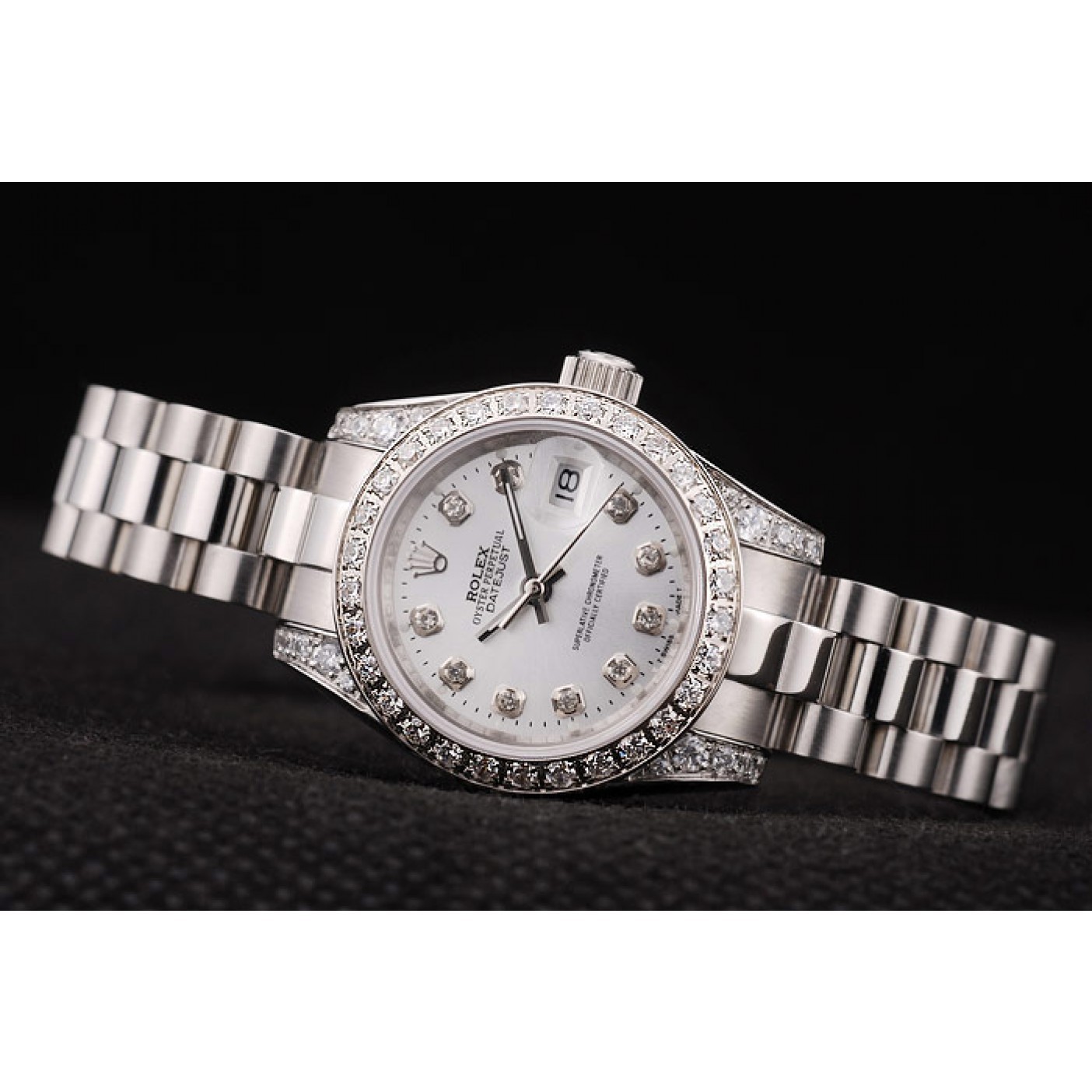 Rolex DateJust Brushed Stainless Steel Diamond Plated Case White Dial Diamond Plated Bezel