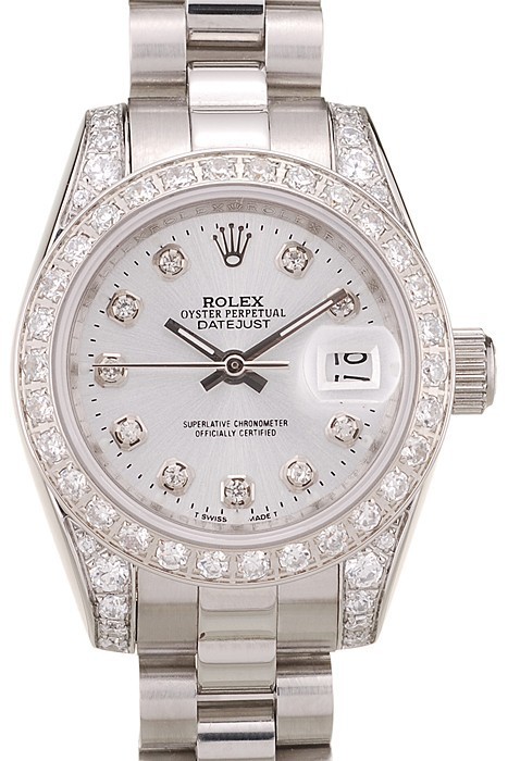 Rolex DateJust Brushed Stainless Steel Diamond Plated Case White Dial Diamond Plated Bezel