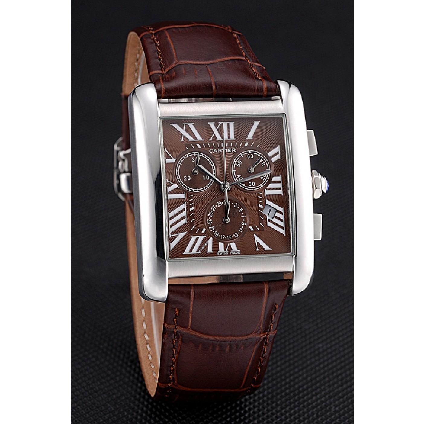 Cartier Tank MC Brown Dial Stainless Steel Case Brown Leather Bracelet 622692