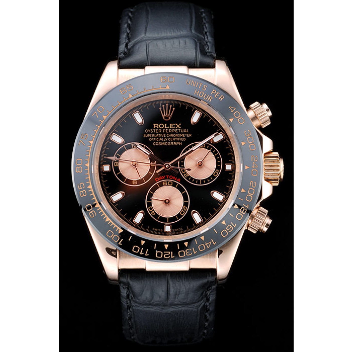 RepTime Watches Rolex Daytona Rose Gold Case Black Dial Black Leather Strap