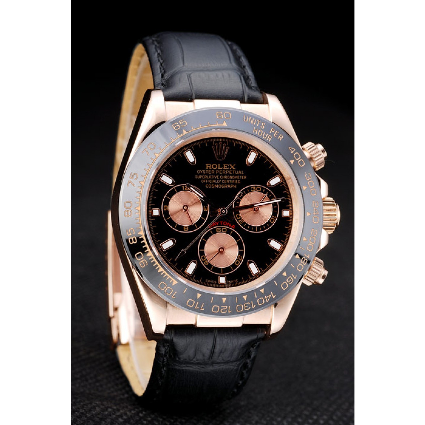 Rolex Daytona Rose Gold Case Black Dial Black Leather Strap