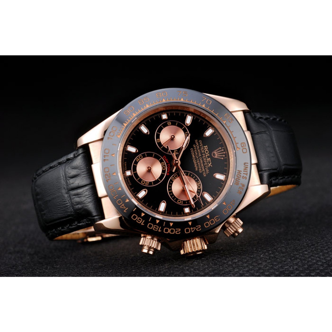 RepTime Watches Rolex Daytona Rose Gold Case Black Dial Black Leather Strap