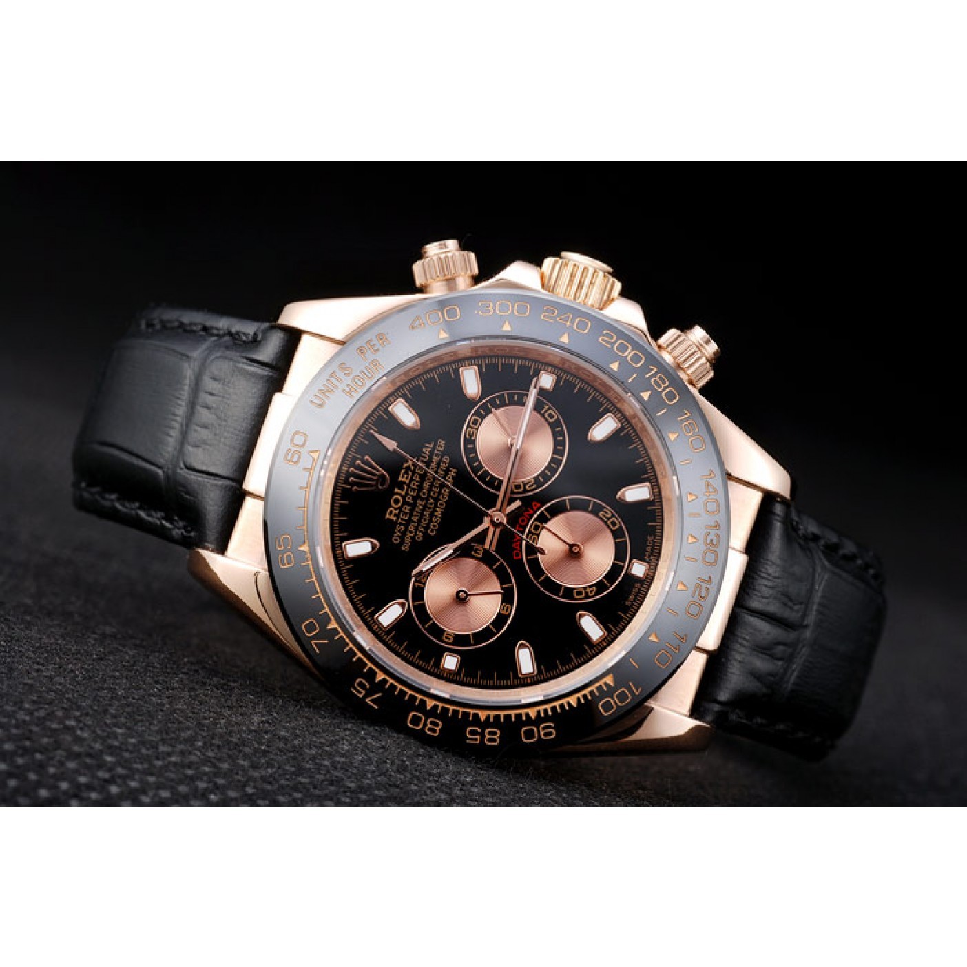 RepTime Watches Rolex Daytona Rose Gold Case Black Dial Black Leather Strap