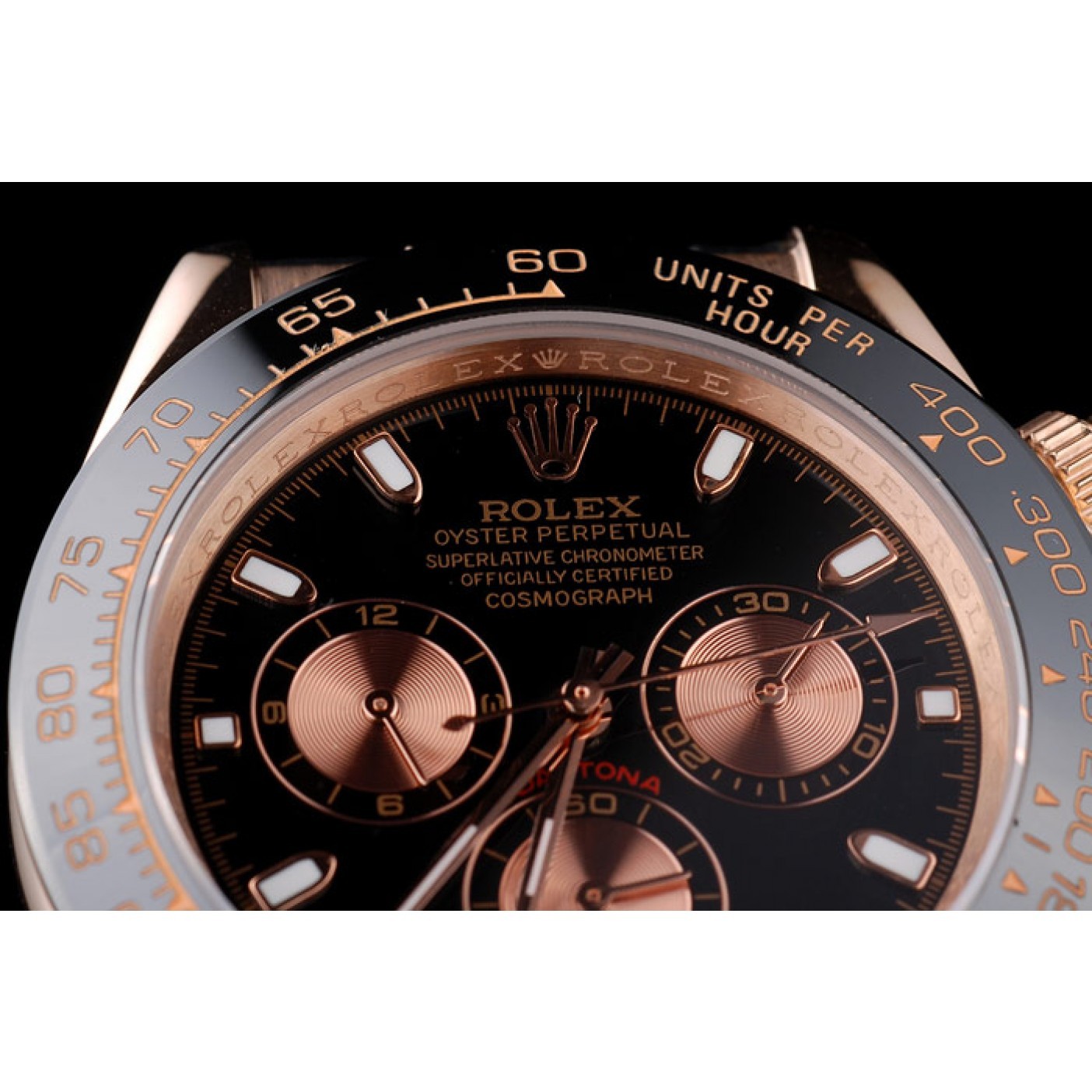 RepTime Watches Rolex Daytona Rose Gold Case Black Dial Black Leather Strap