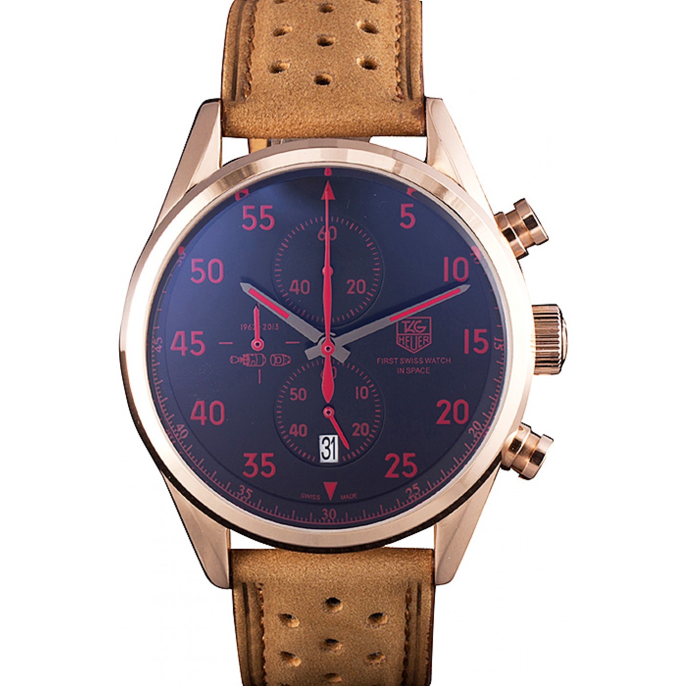 Tag Heuer Carrera SpaceX Rose Gold Bezel with Black Dial and Light Brown Leather Strap 621532