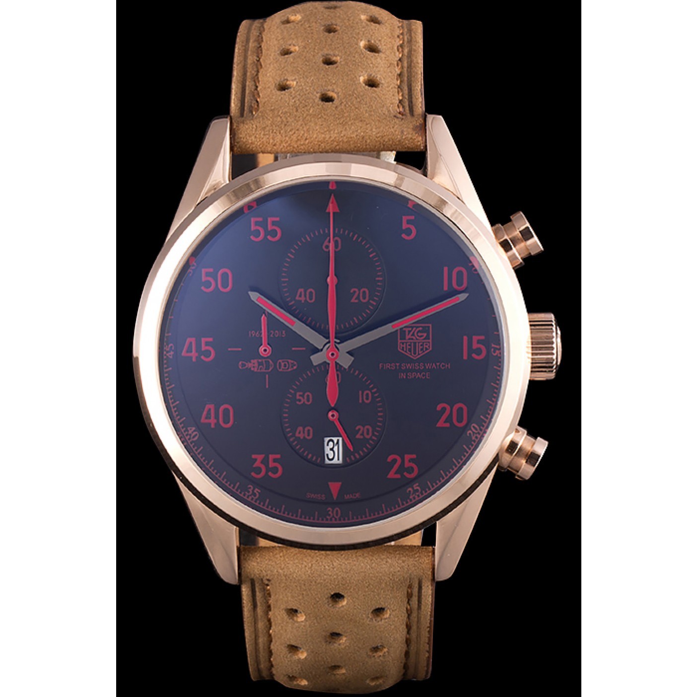 Tag Heuer Carrera SpaceX Rose Gold Bezel with Black Dial and Light Brown Leather Strap 621532