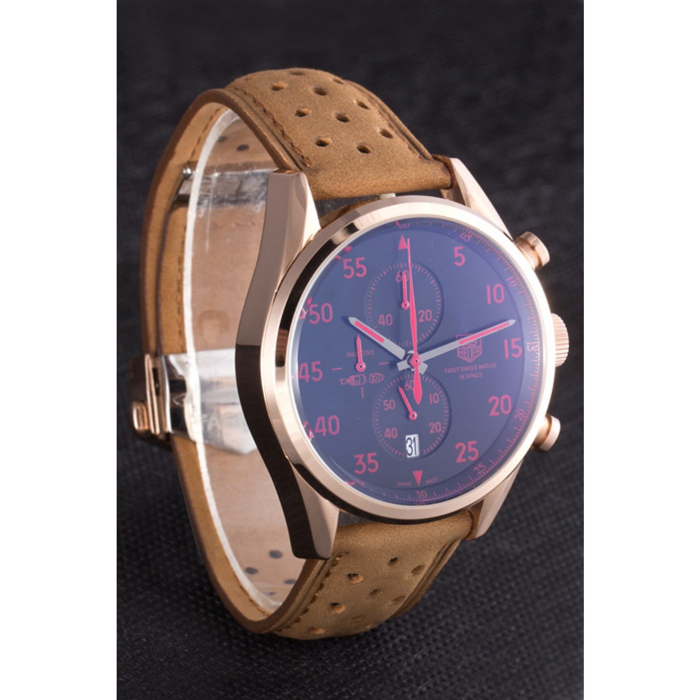 Tag Heuer Carrera SpaceX Rose Gold Bezel with Black Dial and Light Brown Leather Strap 621532