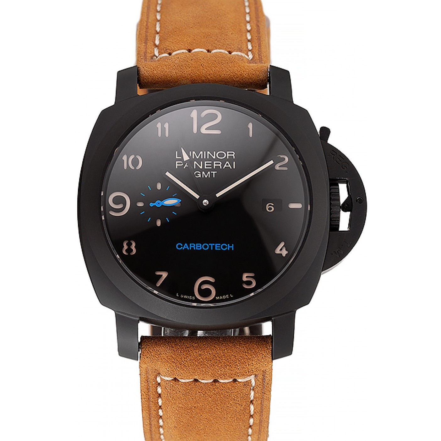 Swiss Panerai Luminor GMT Carbotech Black Dial Black Case Brown Leather Strap