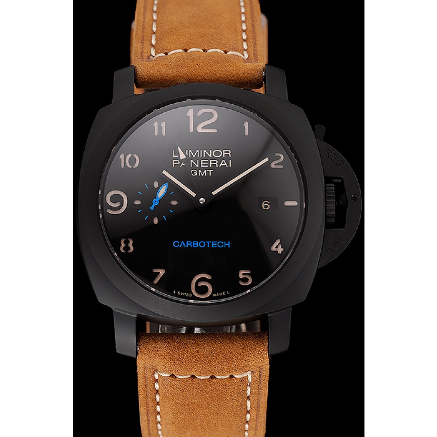 Swiss Panerai Luminor GMT Carbotech Black Dial Black Case Brown Leather Strap