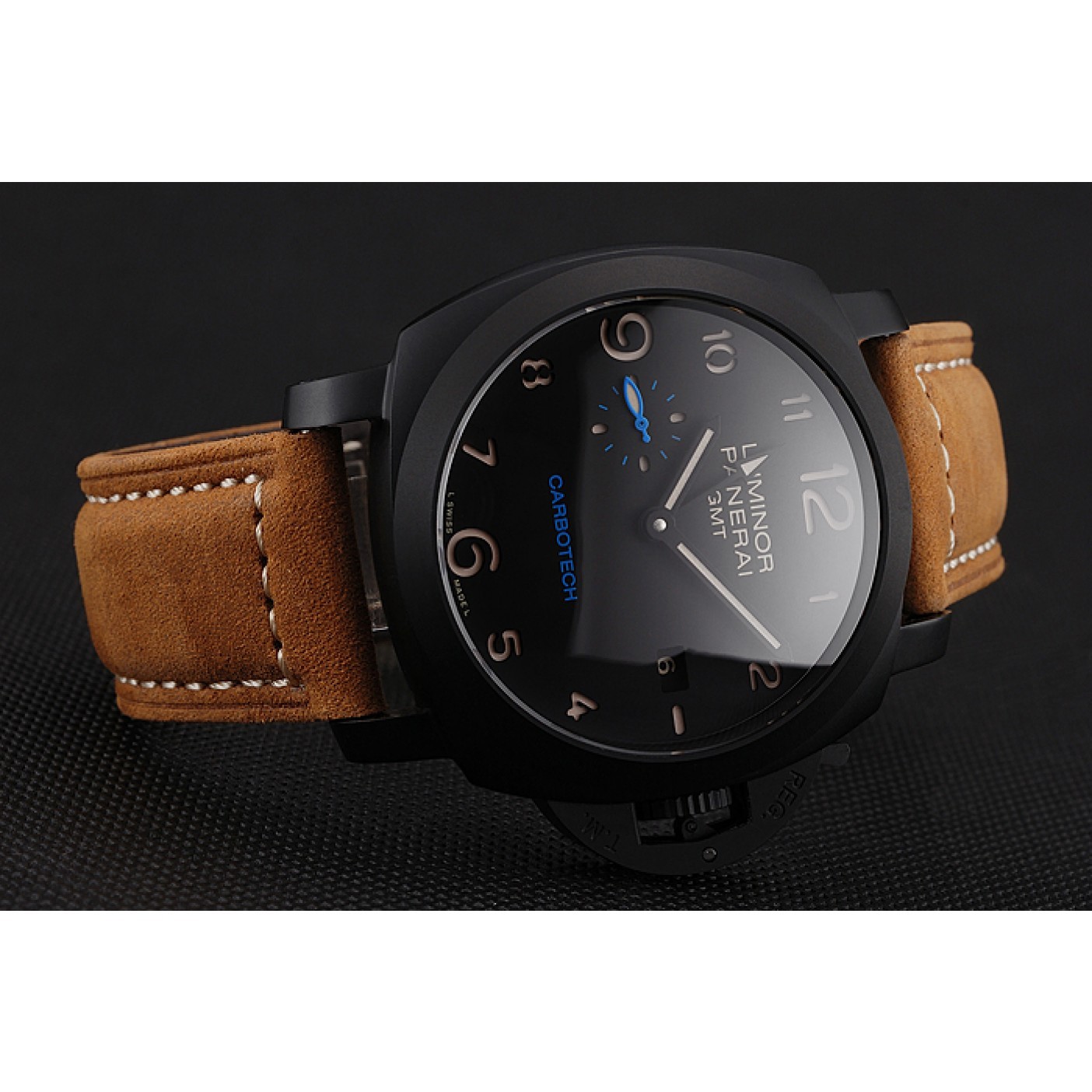 Swiss Panerai Luminor GMT Carbotech Black Dial Black Case Brown Leather Strap