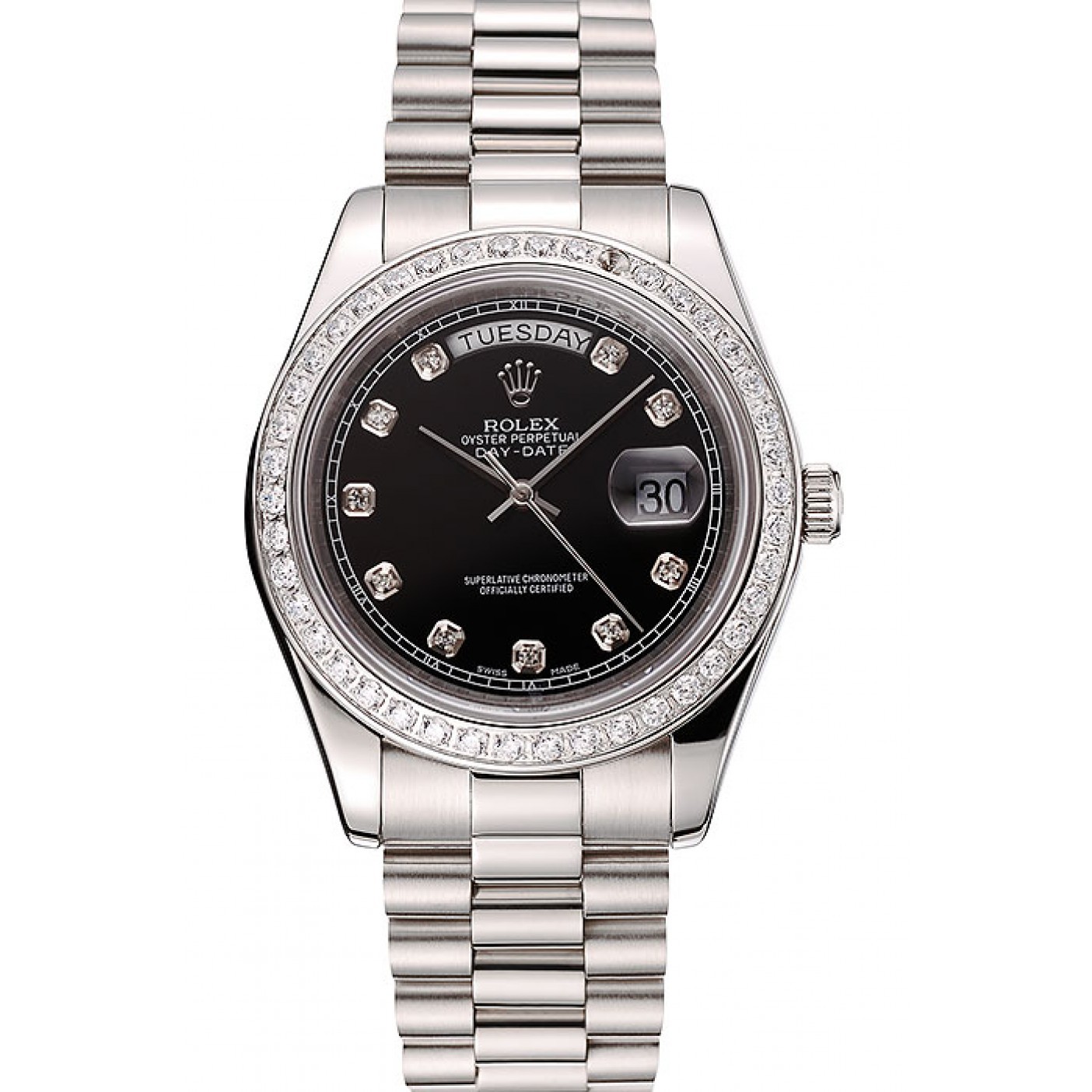 RepTime Watches Swiss Rolex Day-Date Black Dial Diamond Case Diamond Numerals Stainless Steel Bracelet 1453965