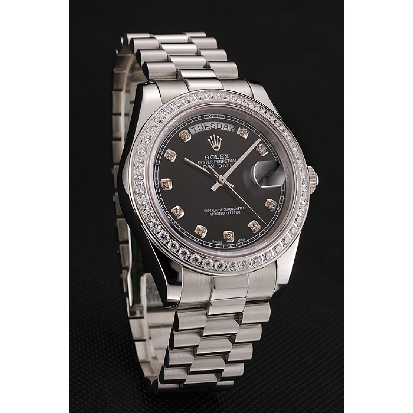 RepTime Watches Swiss Rolex Day-Date Black Dial Diamond Case Diamond Numerals Stainless Steel Bracelet 1453965