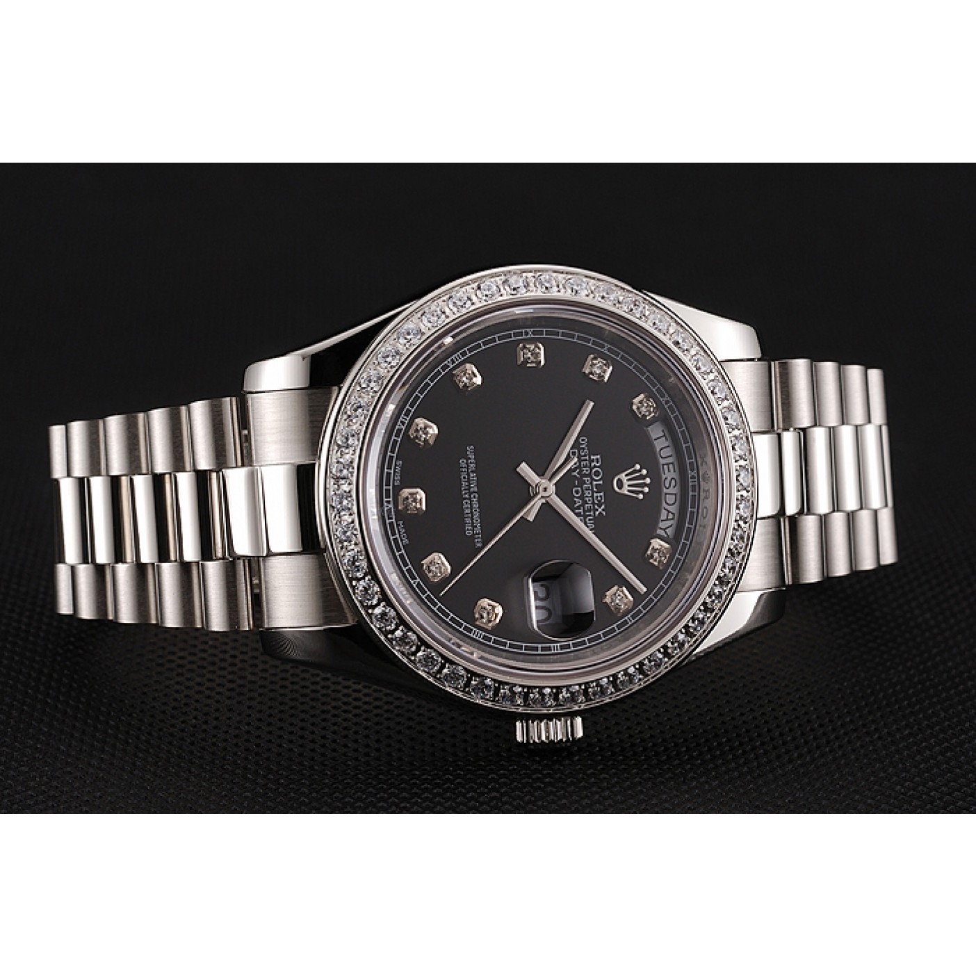 Swiss Rolex Day-Date Black Dial Diamond Case Diamond Numerals Stainless Steel Bracelet 1453965