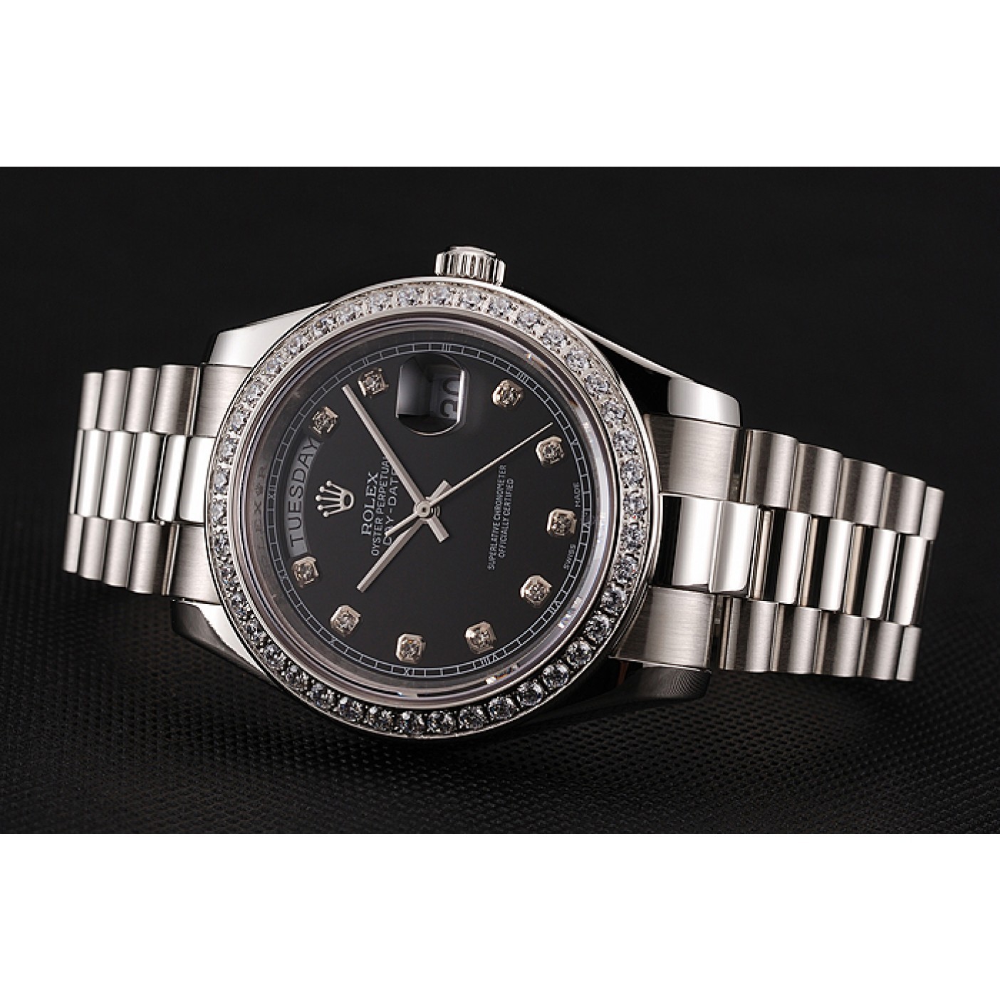 Swiss Rolex Day-Date Black Dial Diamond Case Diamond Numerals Stainless Steel Bracelet 1453965